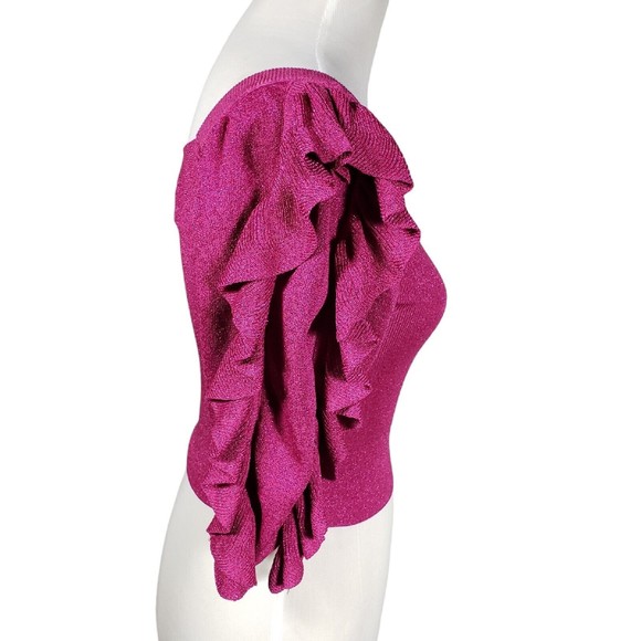 Zara Magenta Metallic Knit Ruffled Sleeve Short Top Women's Size Small - Picture 4 of 8